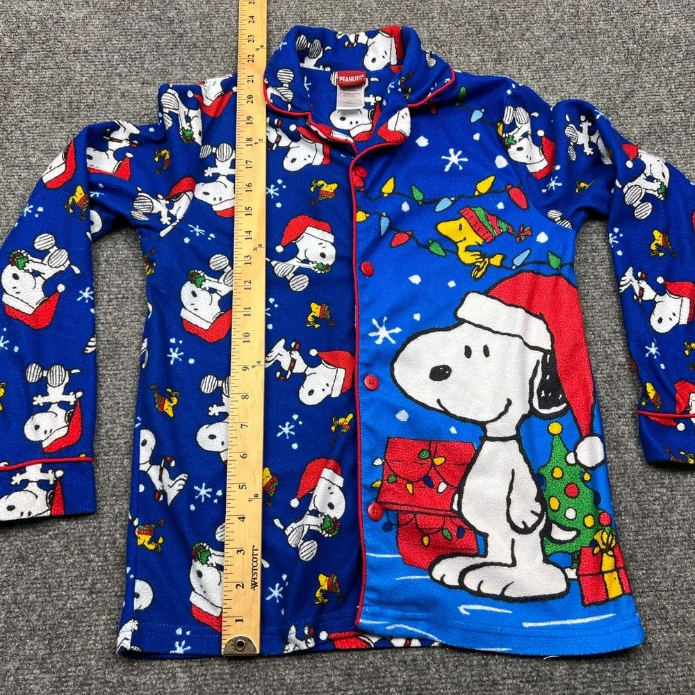 Peanuts Snoopy Woodstock Christmas Pajama Top Kids Medium Button Up Sleep Shirt